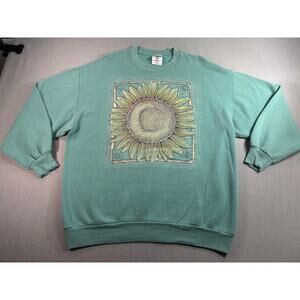 Vintage Jerzees Sweatshirt Womens XL Green Sunflower Crewneck Pullover